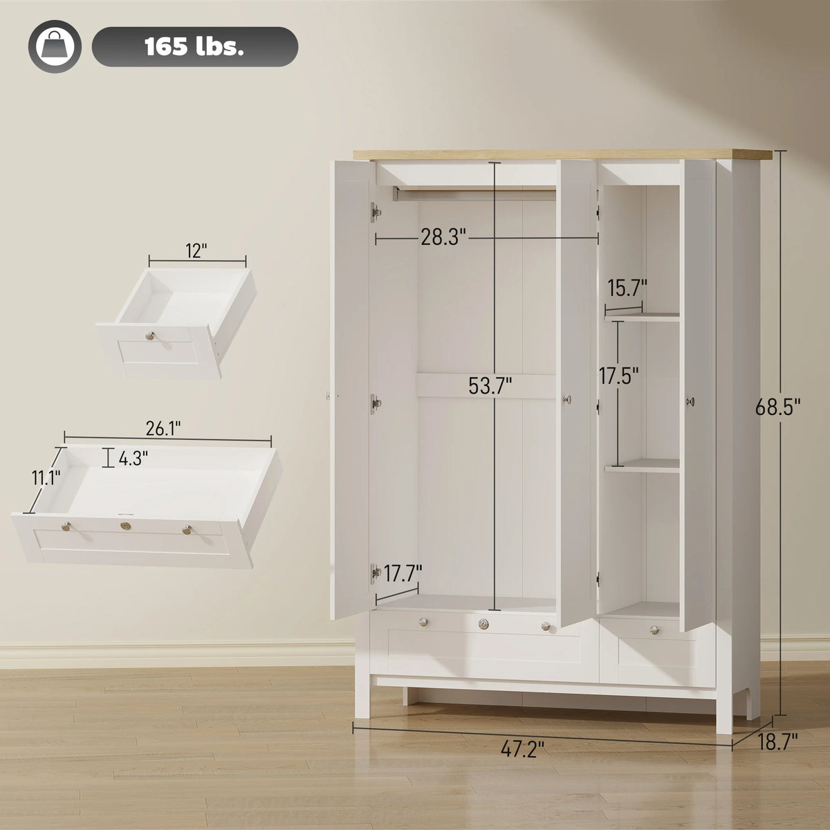Tai Rods Homcom 3-Door Wardrobe with 2 Drawers, 69inch Clothing Storage Cabinet ...